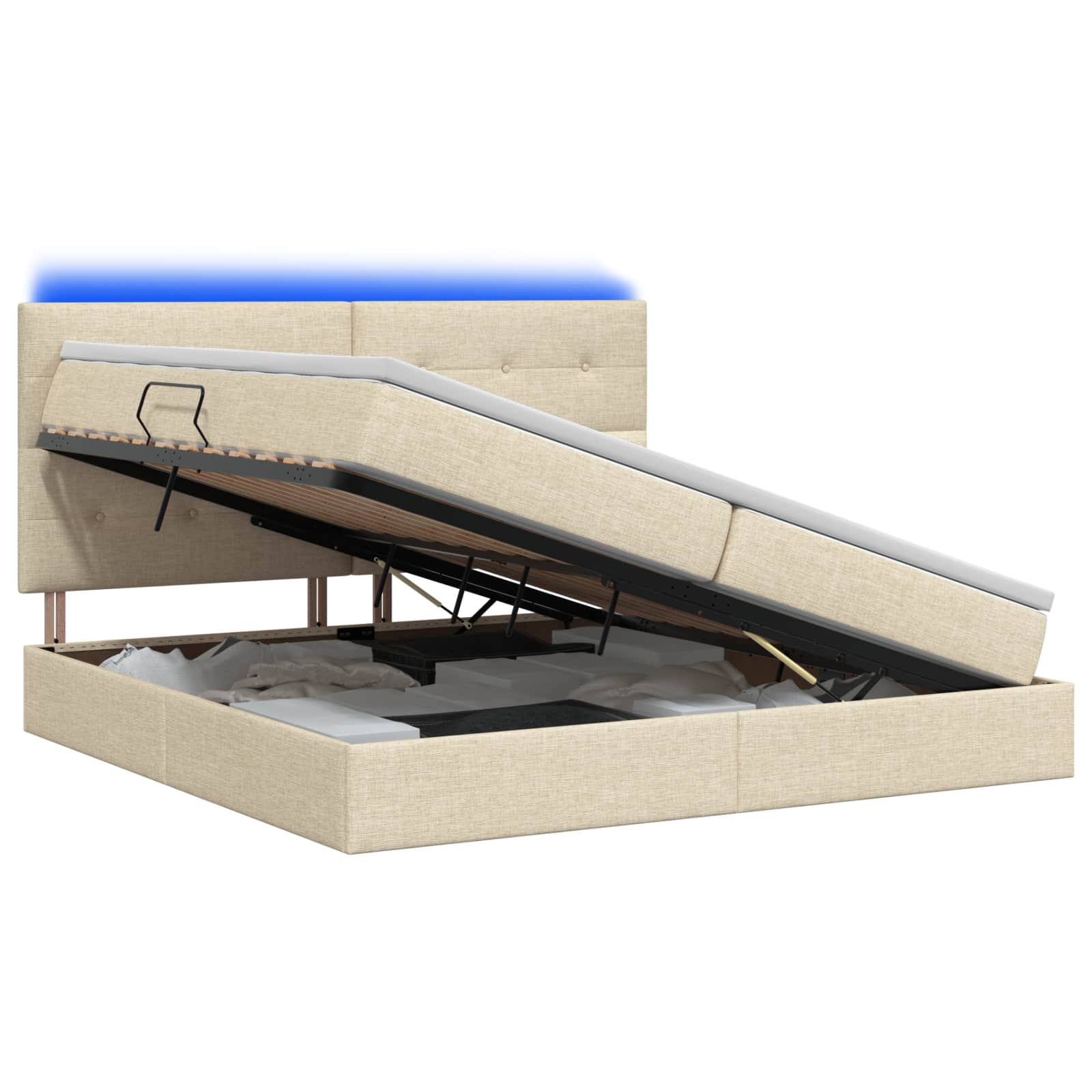 LED Κρεβάτι αποθήκευσης με στρώμα Κρεμ 200 x 200 cm Ύφασμα - Pakobazaar