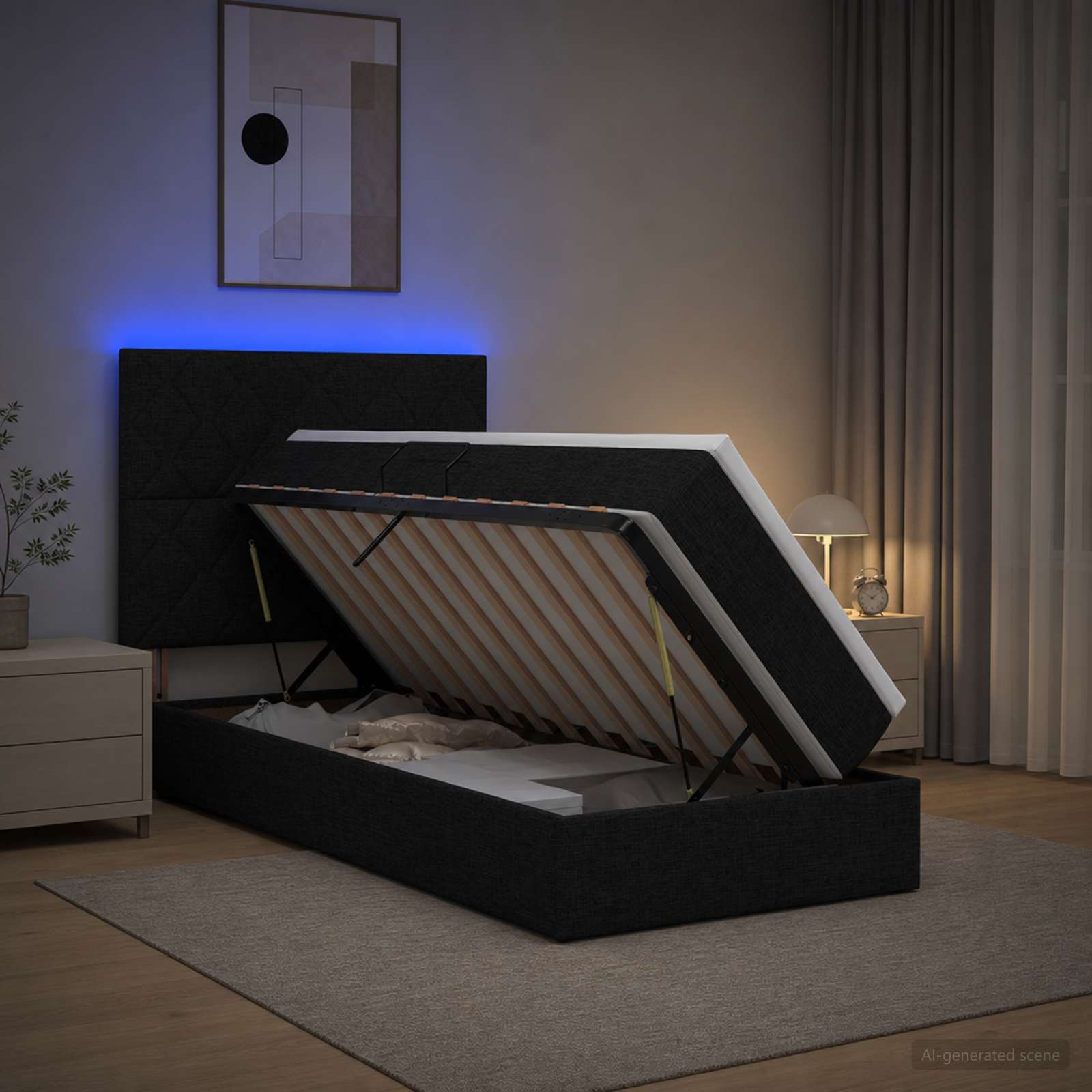 LED Κρεβάτι αποθήκευσης με στρώμα Μαύρο 90 x 200 cm Ύφασμα - Pakobazaar