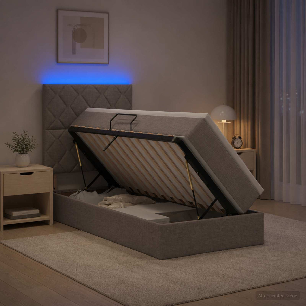 LED Κρεβάτι αποθήκευσης με στρώμα Taupe 90 x 190 cm Ύφασμα - Pakobazaar