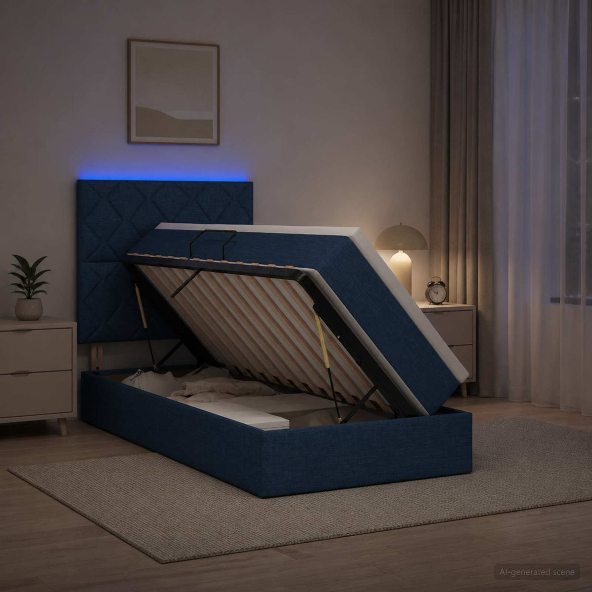 LED Κρεβάτι αποθήκευσης με στρώμα Μπλε 90 x 190 cm Ύφασμα - Pakobazaar