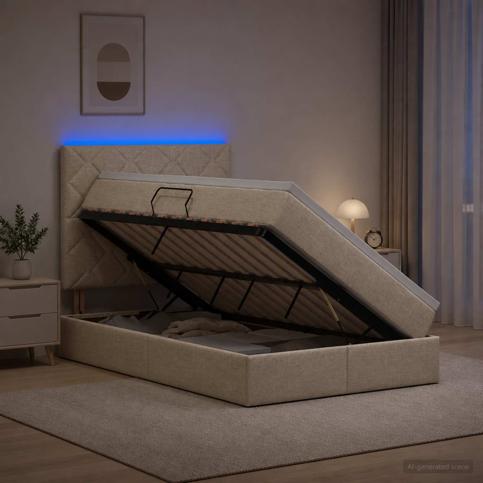 LED Κρεβάτι αποθήκευσης με στρώμα Κρεμ 120 x 190 cm Ύφασμα - Pakobazaar