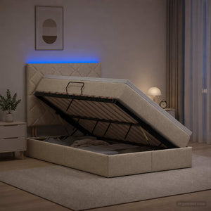 LED Κρεβάτι αποθήκευσης με στρώμα Κρεμ 120 x 190 cm Ύφασμα - Pakobazaar