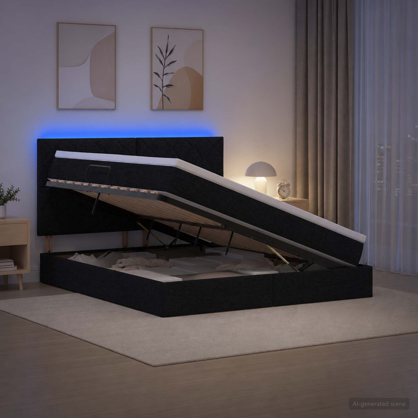 LED Κρεβάτι αποθήκευσης με στρώμα Μαύρο 140 x 200 cm Ύφασμα - Pakobazaar