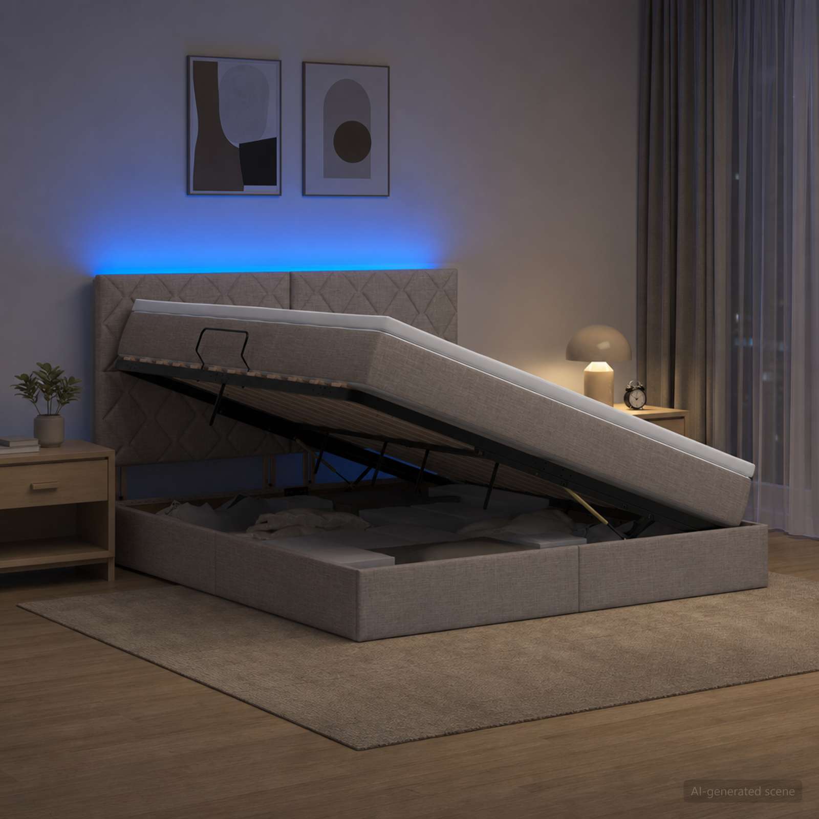 LED Κρεβάτι αποθήκευσης με στρώμα Taupe 140 x 200 cm Ύφασμα