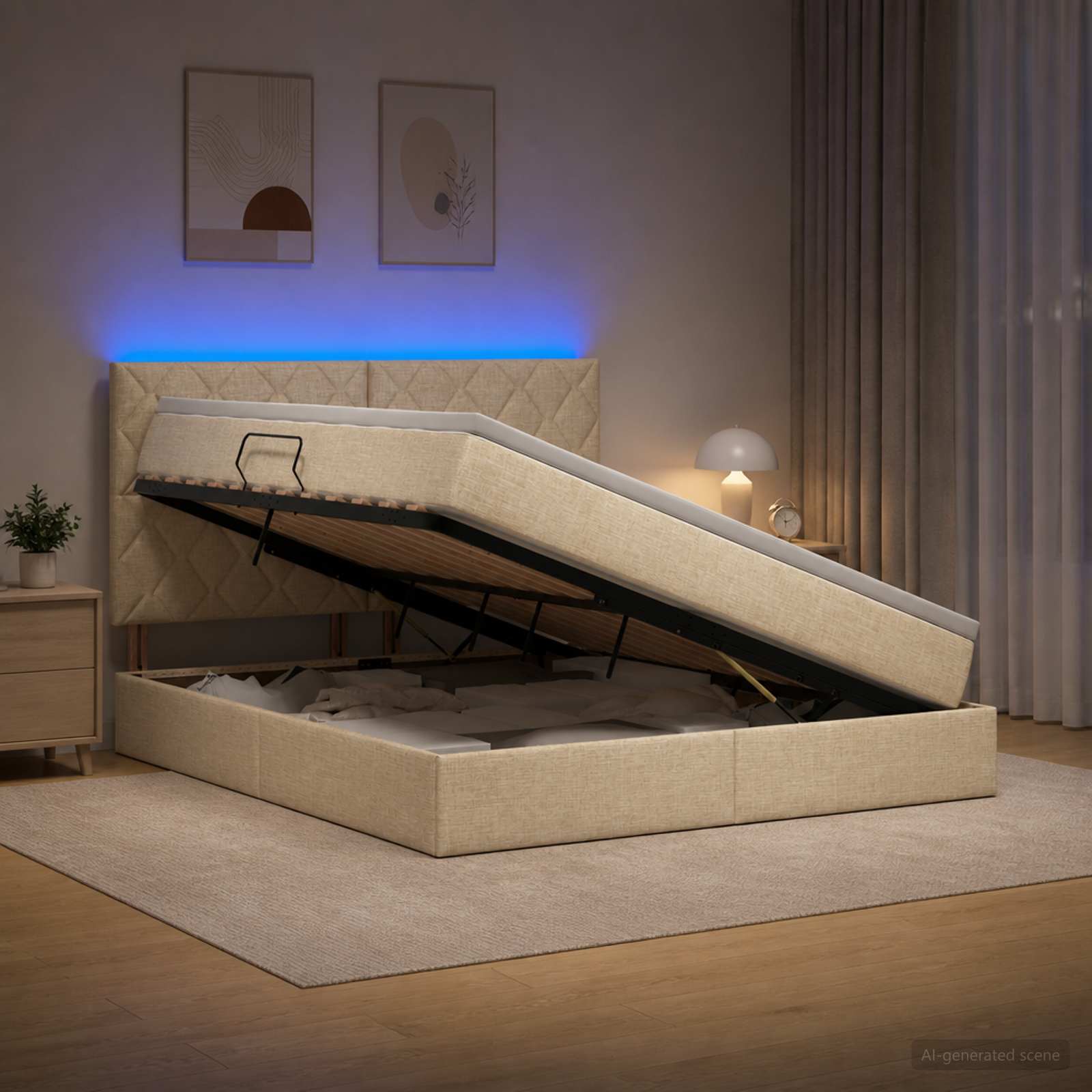 LED Κρεβάτι αποθήκευσης με στρώμα Κρεμ 160 x 200 cm Ύφασμα - Pakobazaar