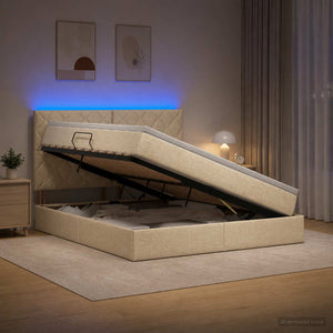 LED Κρεβάτι αποθήκευσης με στρώμα Κρεμ 160 x 200 cm Ύφασμα - Pakobazaar