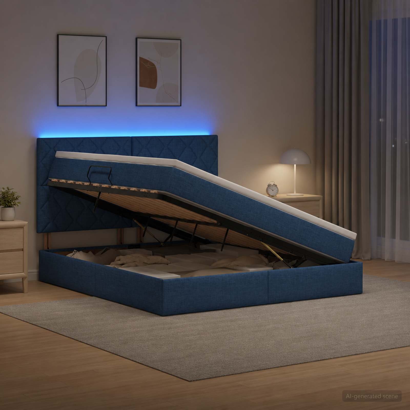 LED Κρεβάτι αποθήκευσης με στρώμα Μπλε 180 x 200 cm Ύφασμα