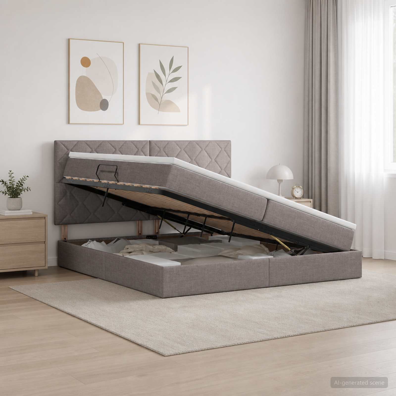 Κρεβάτι με αποθηκευτικό χώρο και στρώμα Taupe 200 x 200 cm - Pakobazaar