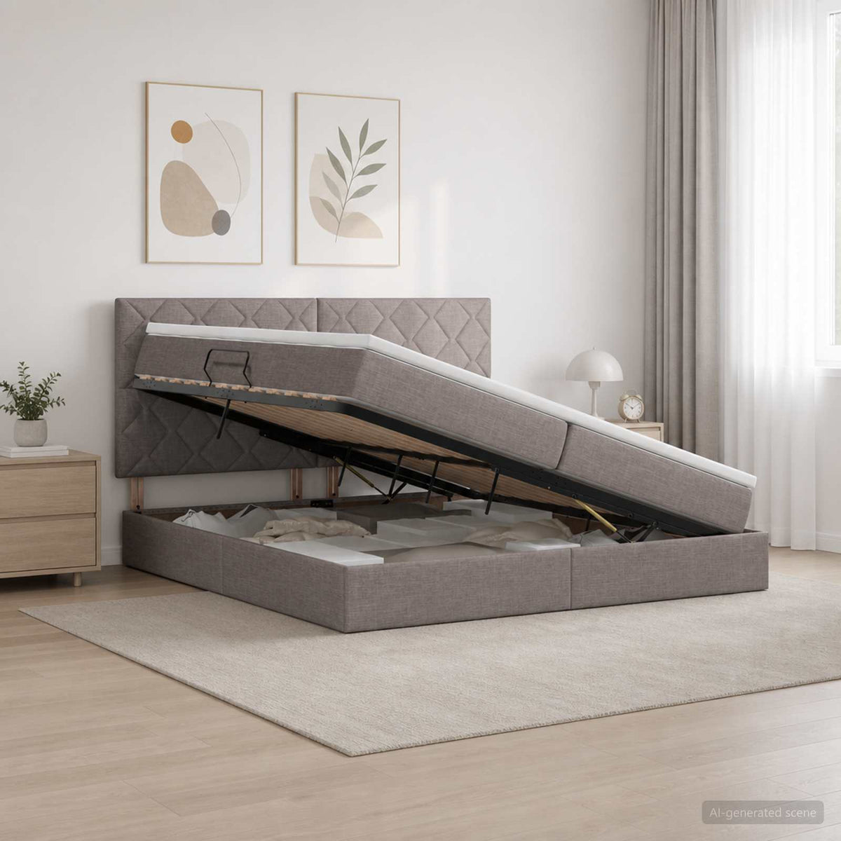 LED Κρεβάτι αποθήκευσης με στρώμα Taupe 200 x 200 cm Ύφασμα - Pakobazaar