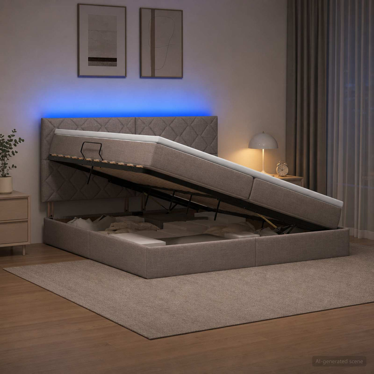 LED Κρεβάτι αποθήκευσης με στρώμα Taupe 200 x 200 cm Ύφασμα - Pakobazaar