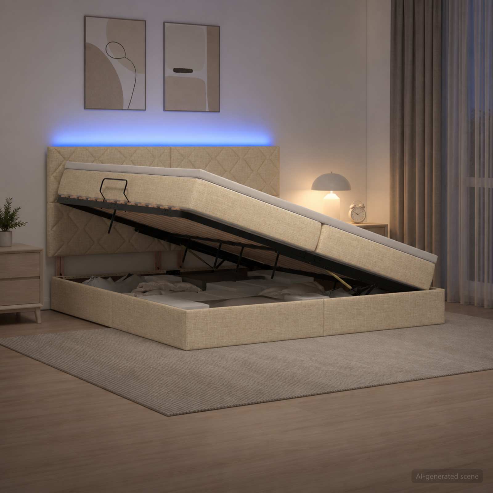 LED Κρεβάτι αποθήκευσης με στρώμα Κρεμ 200 x 200 cm Ύφασμα