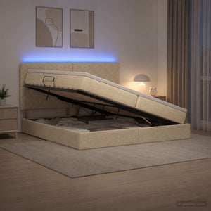 LED Κρεβάτι αποθήκευσης με στρώμα Κρεμ 200 x 200 cm Ύφασμα