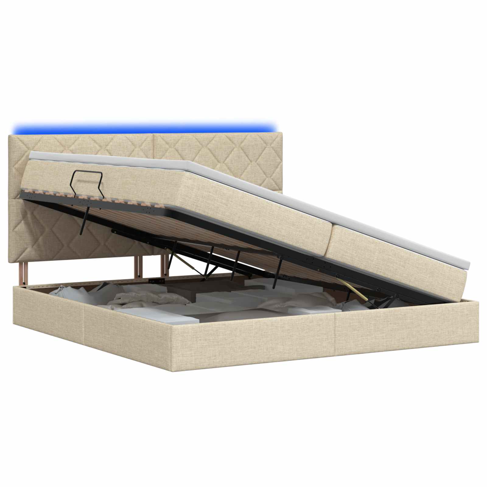 LED Κρεβάτι αποθήκευσης με στρώμα Κρεμ 200 x 200 cm Ύφασμα