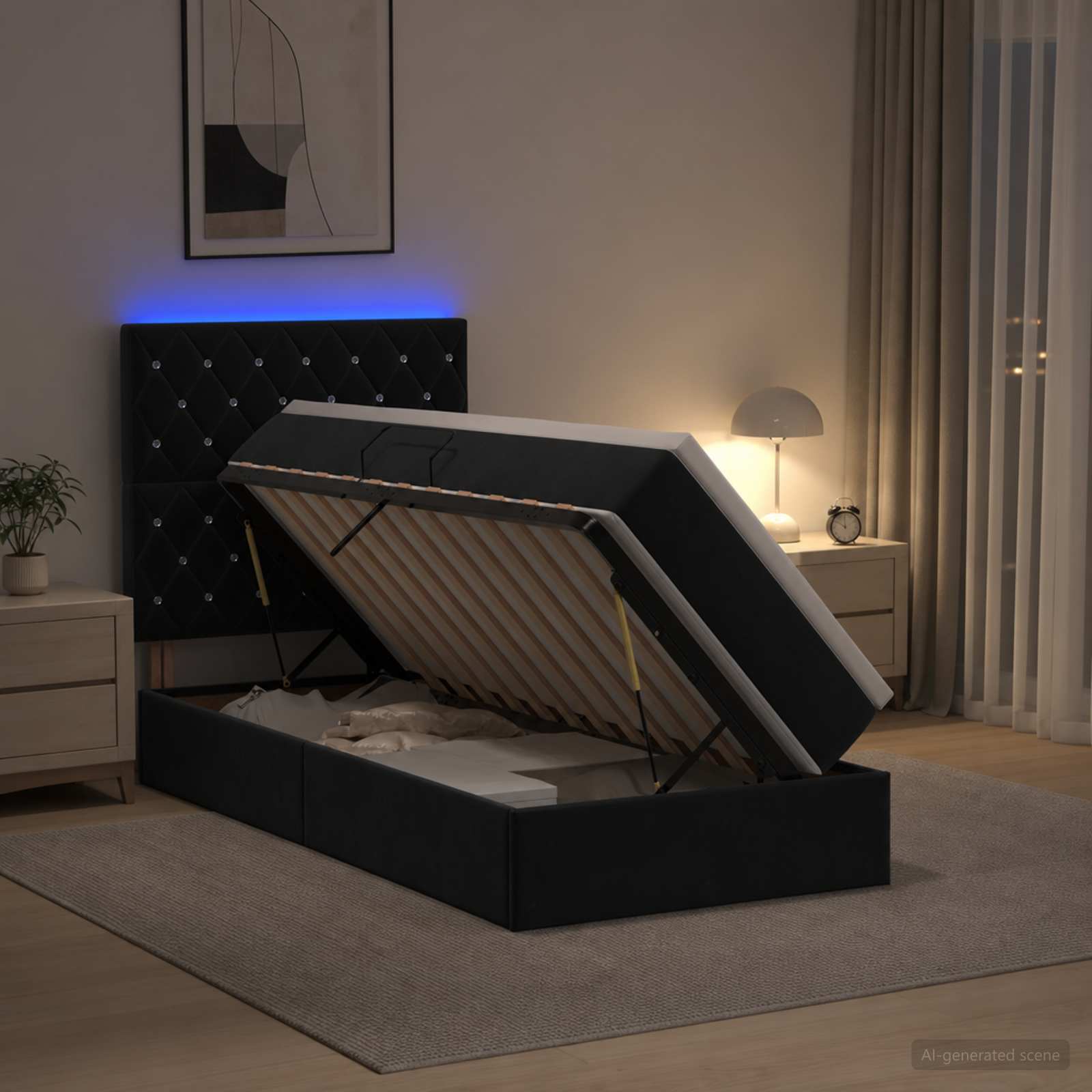 LED Κρεβάτι αποθήκευσης με στρώμα Μαύρο 100 x 200 cm Βελούδο