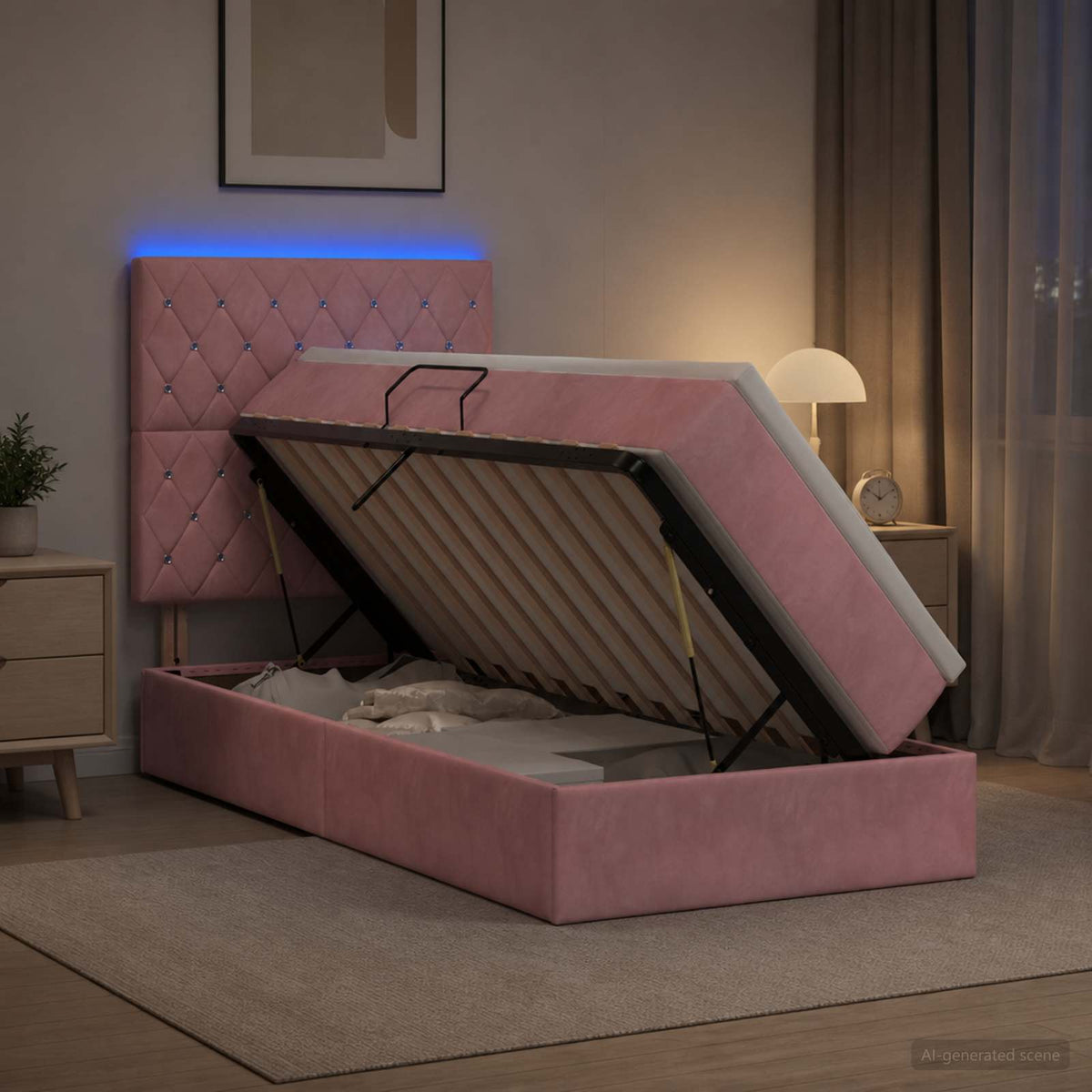 LED Κρεβάτι αποθήκευσης με στρώμα Ροζ 90 x 190 cm Βελούδο - Pakobazaar