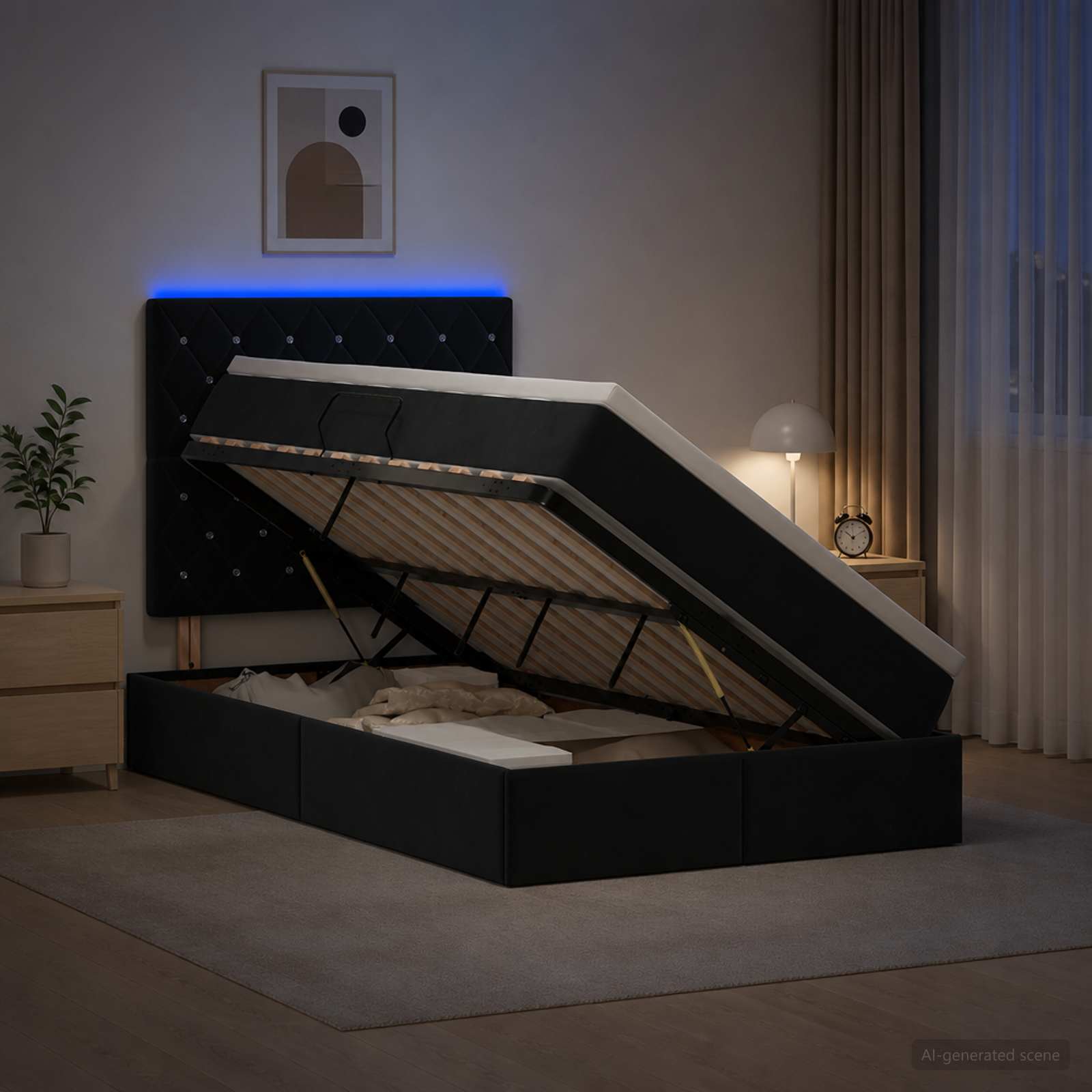 LED Κρεβάτι αποθήκευσης με στρώμα Μαύρο 120 x 200 cm Βελούδο