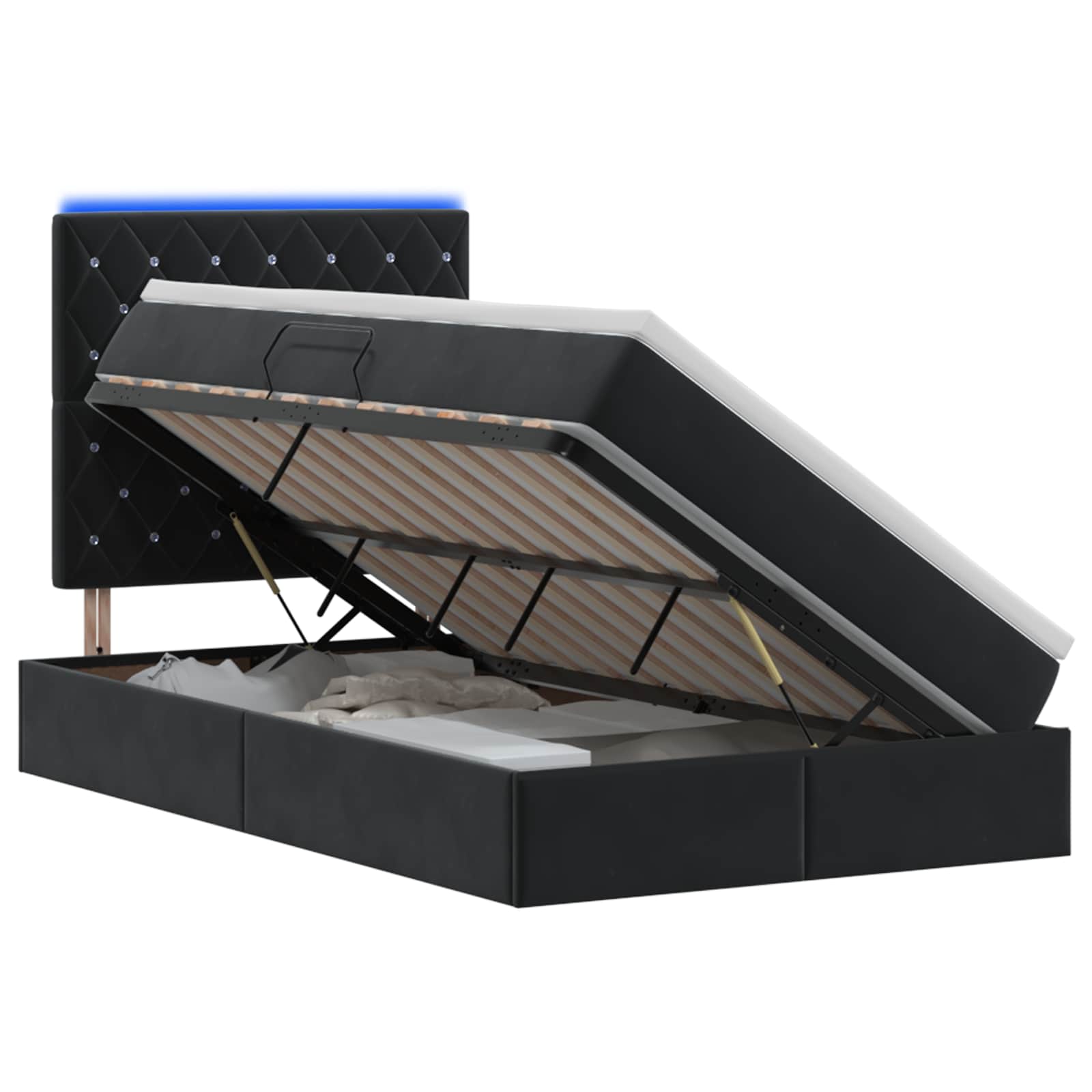 LED Κρεβάτι αποθήκευσης με στρώμα Μαύρο 120 x 190 cm Βελούδο - Pakobazaar