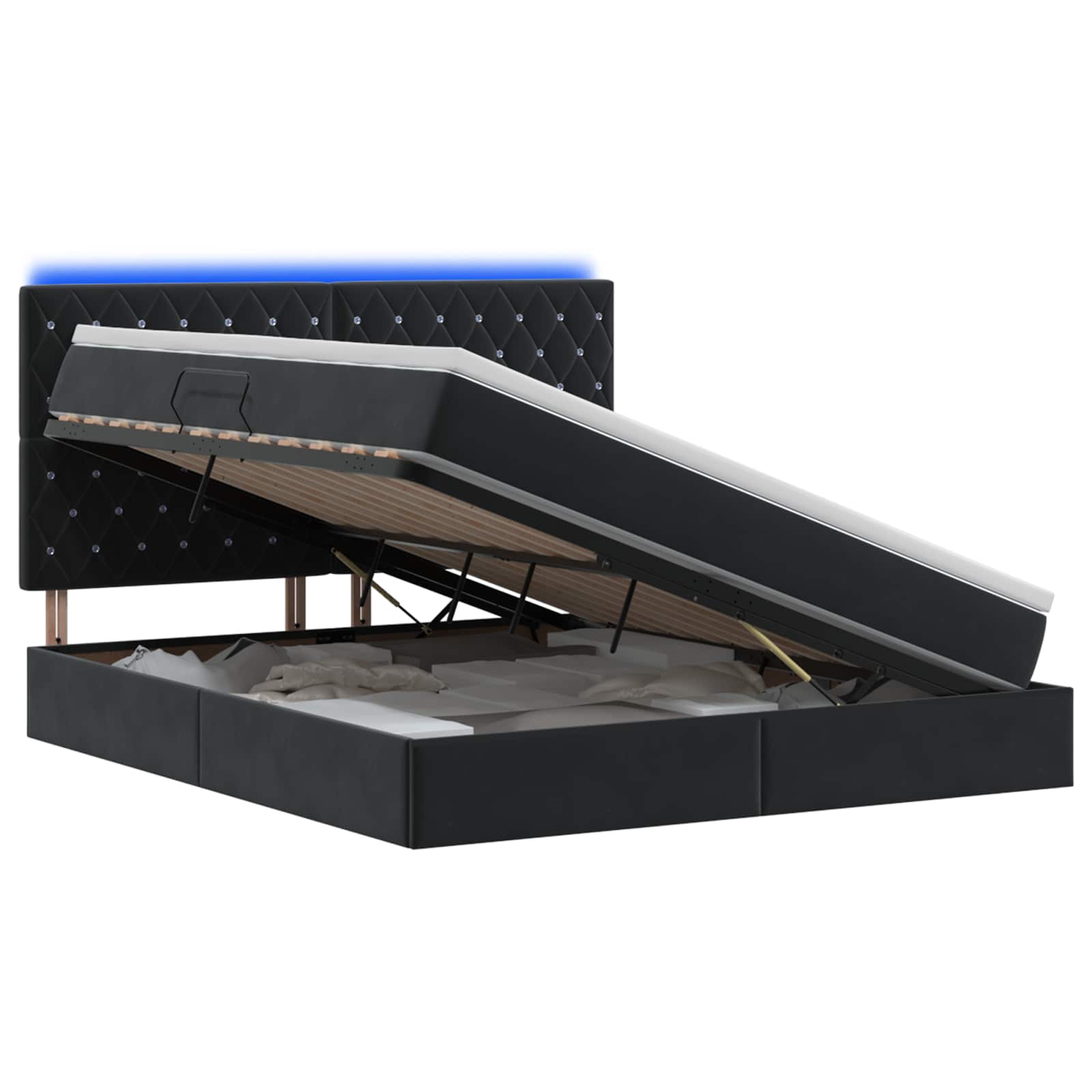 LED Κρεβάτι αποθήκευσης με στρώμα Μαύρο 140 x 200 cm Βελούδο