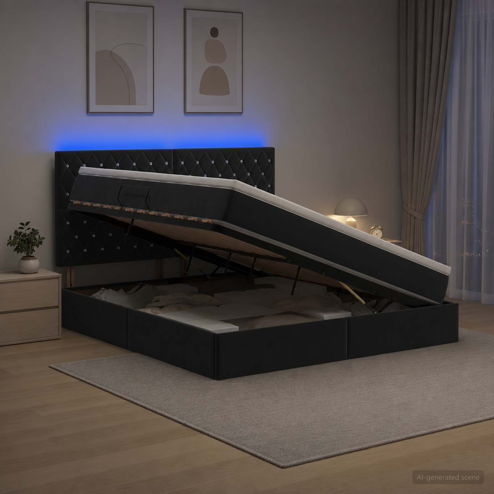 LED Κρεβάτι αποθήκευσης με στρώμα Μαύρο 140 x 190 cm Βελούδο - Pakobazaar