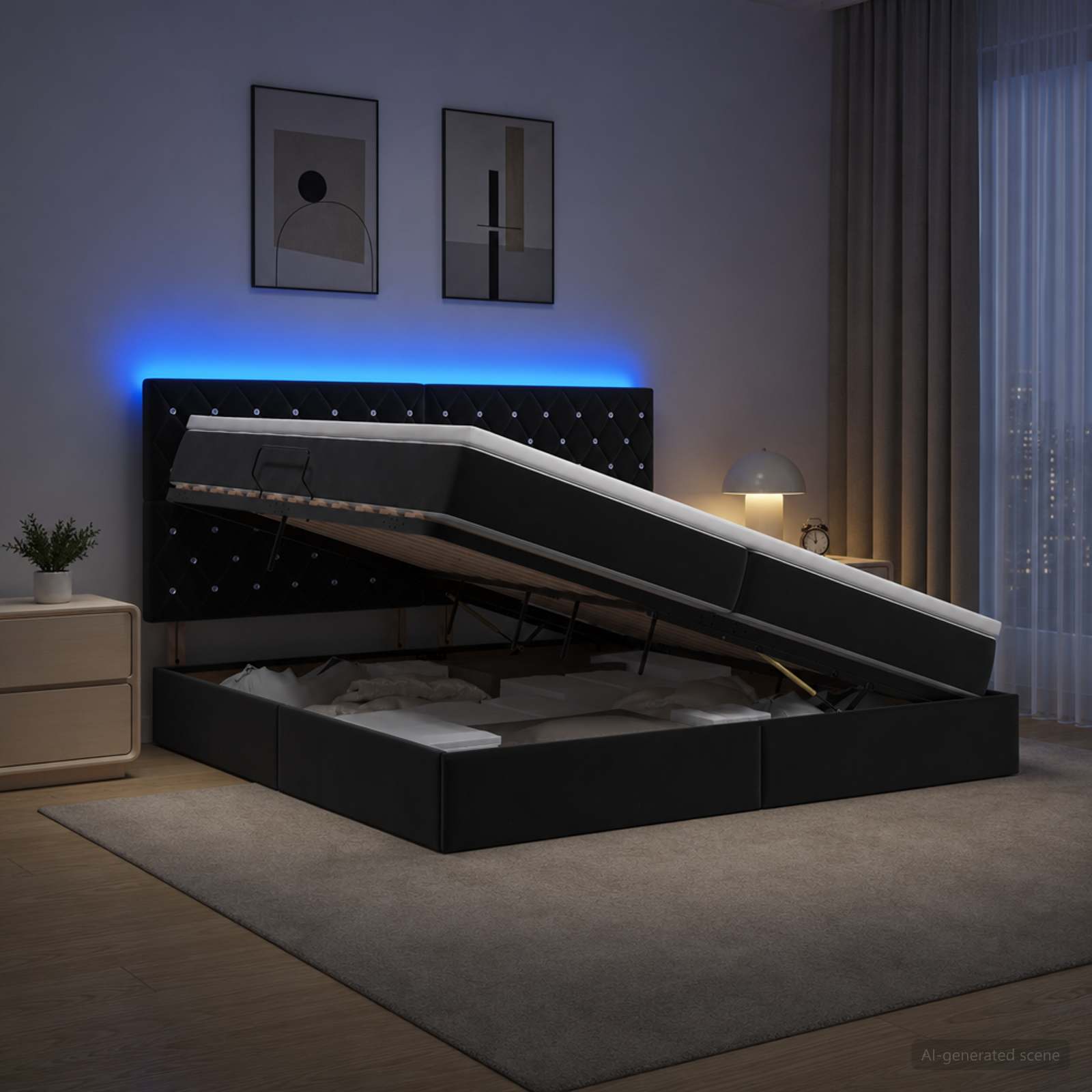LED Κρεβάτι αποθήκευσης με στρώμα Μαύρο 200 x 200 cm Βελούδο