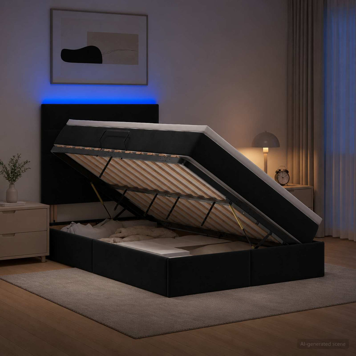 LED Κρεβάτι αποθήκευσης με στρώμα Μαύρο 120 x 190 cm Βελούδο - Pakobazaar