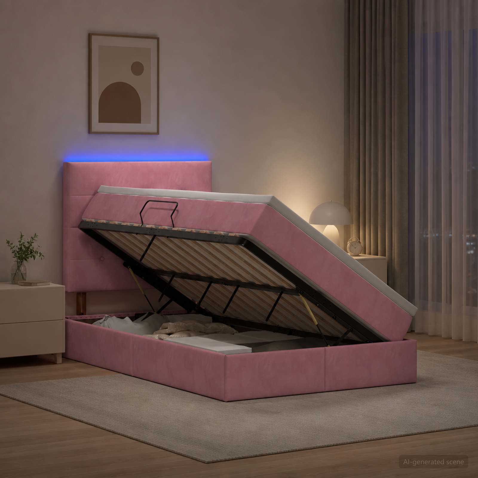 LED Κρεβάτι αποθήκευσης με στρώμα Ροζ 120 x 200 cm Βελούδο