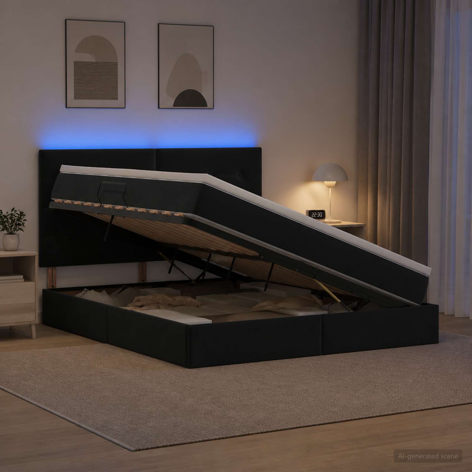 LED Κρεβάτι αποθήκευσης με στρώμα Μαύρο 160 x 200 cm Βελούδο - Pakobazaar