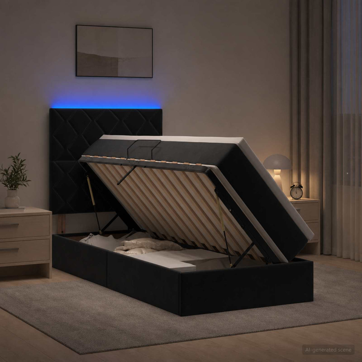 LED Κρεβάτι αποθήκευσης με στρώμα Μαύρο 100 x 200 cm Βελούδο - Pakobazaar