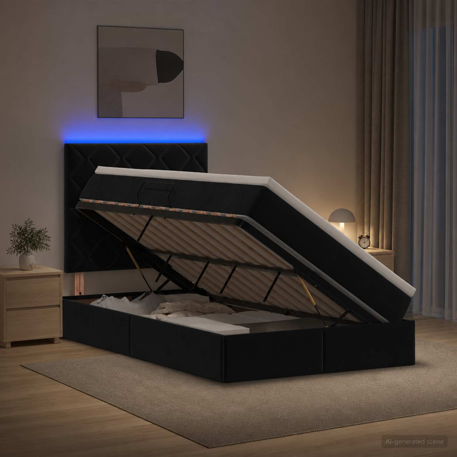 LED Κρεβάτι αποθήκευσης με στρώμα Μαύρο 120 x 190 cm Βελούδο