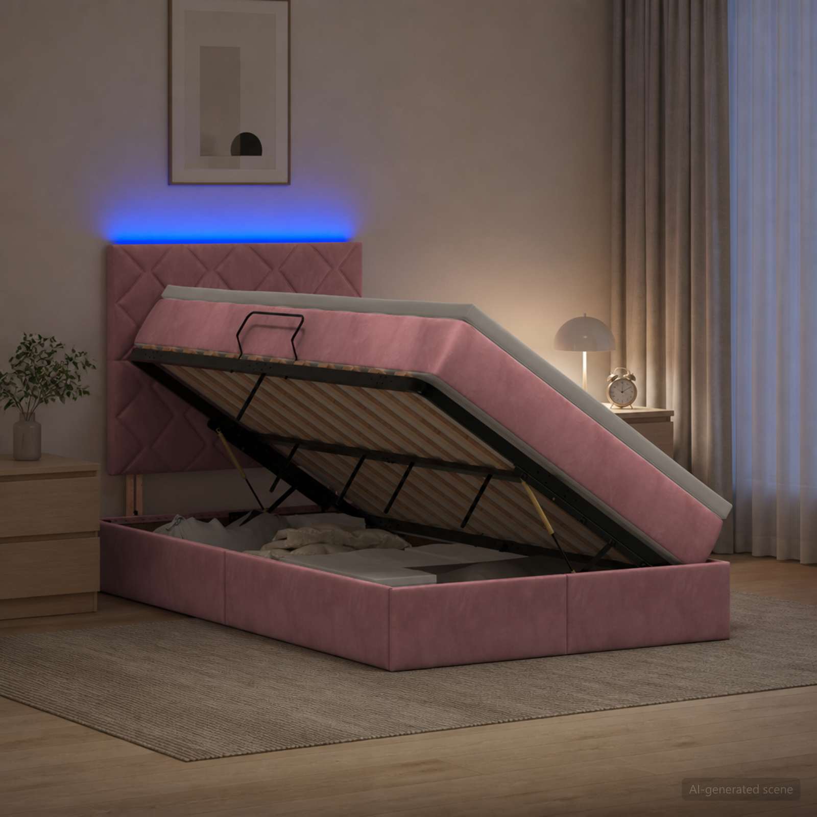 LED Κρεβάτι αποθήκευσης με στρώμα Ροζ 120 x 190 cm Βελούδο - Pakobazaar