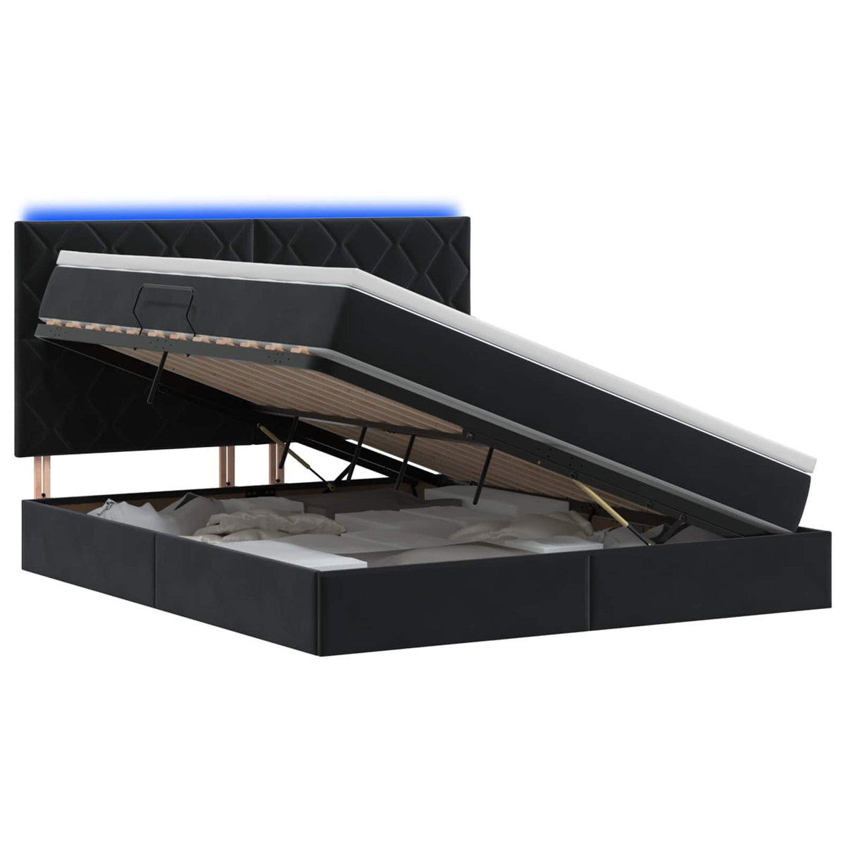 LED Κρεβάτι αποθήκευσης με στρώμα Μαύρο 160 x 200 cm Βελούδο - Pakobazaar