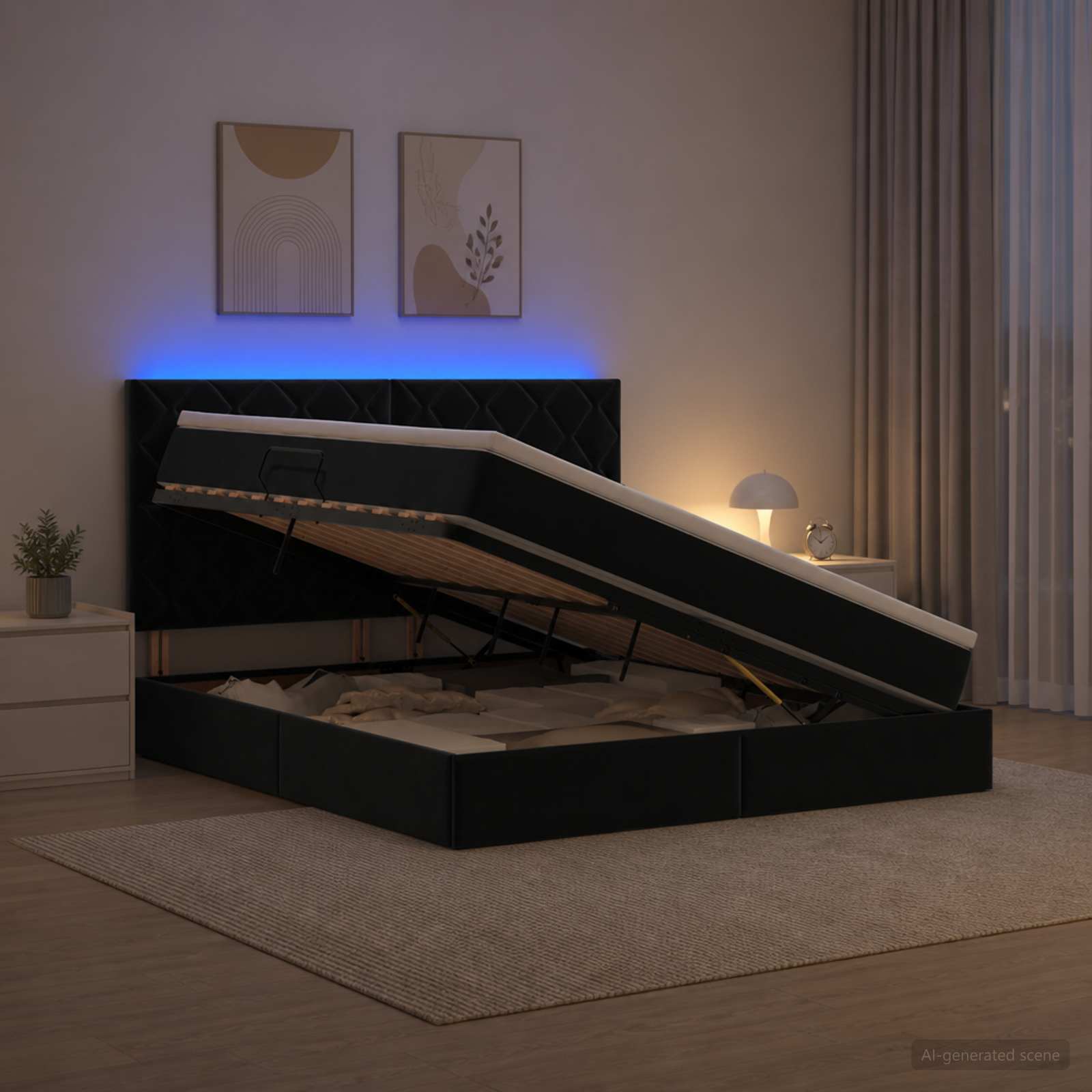 LED Κρεβάτι αποθήκευσης με στρώμα Μαύρο 140 x 190 cm Βελούδο
