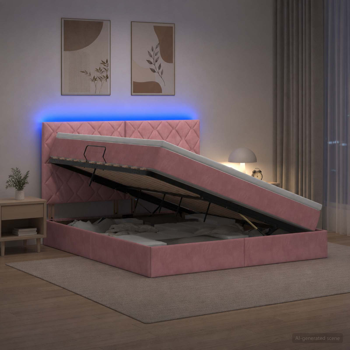 LED Κρεβάτι αποθήκευσης με στρώμα Ροζ 140 x 190 cm Βελούδο - Pakobazaar