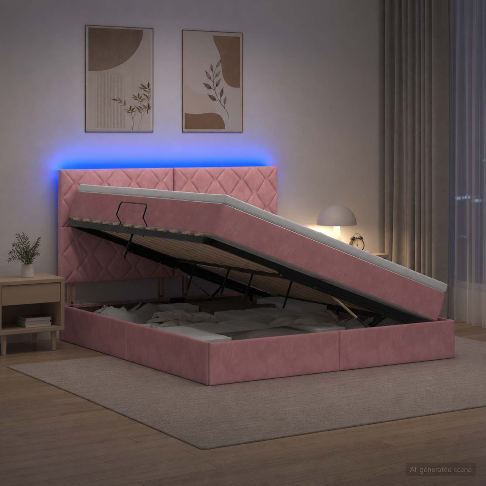 LED Κρεβάτι αποθήκευσης με στρώμα Ροζ 140 x 200 cm Βελούδο