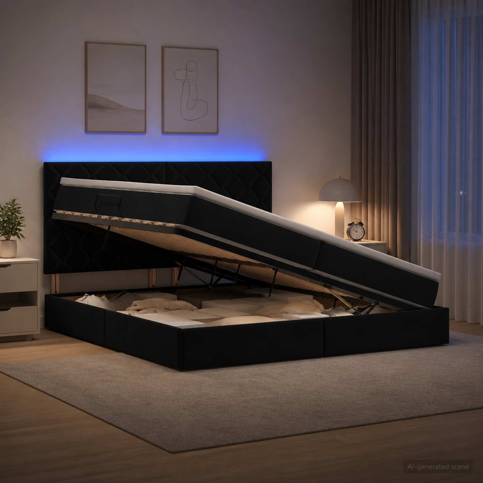 LED Κρεβάτι αποθήκευσης με στρώμα Μαύρο 200 x 200 cm Βελούδο
