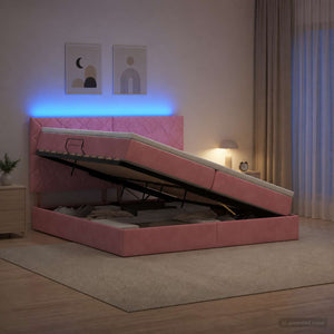 LED Κρεβάτι αποθήκευσης με στρώμα Ροζ 200 x 200 cm Βελούδο