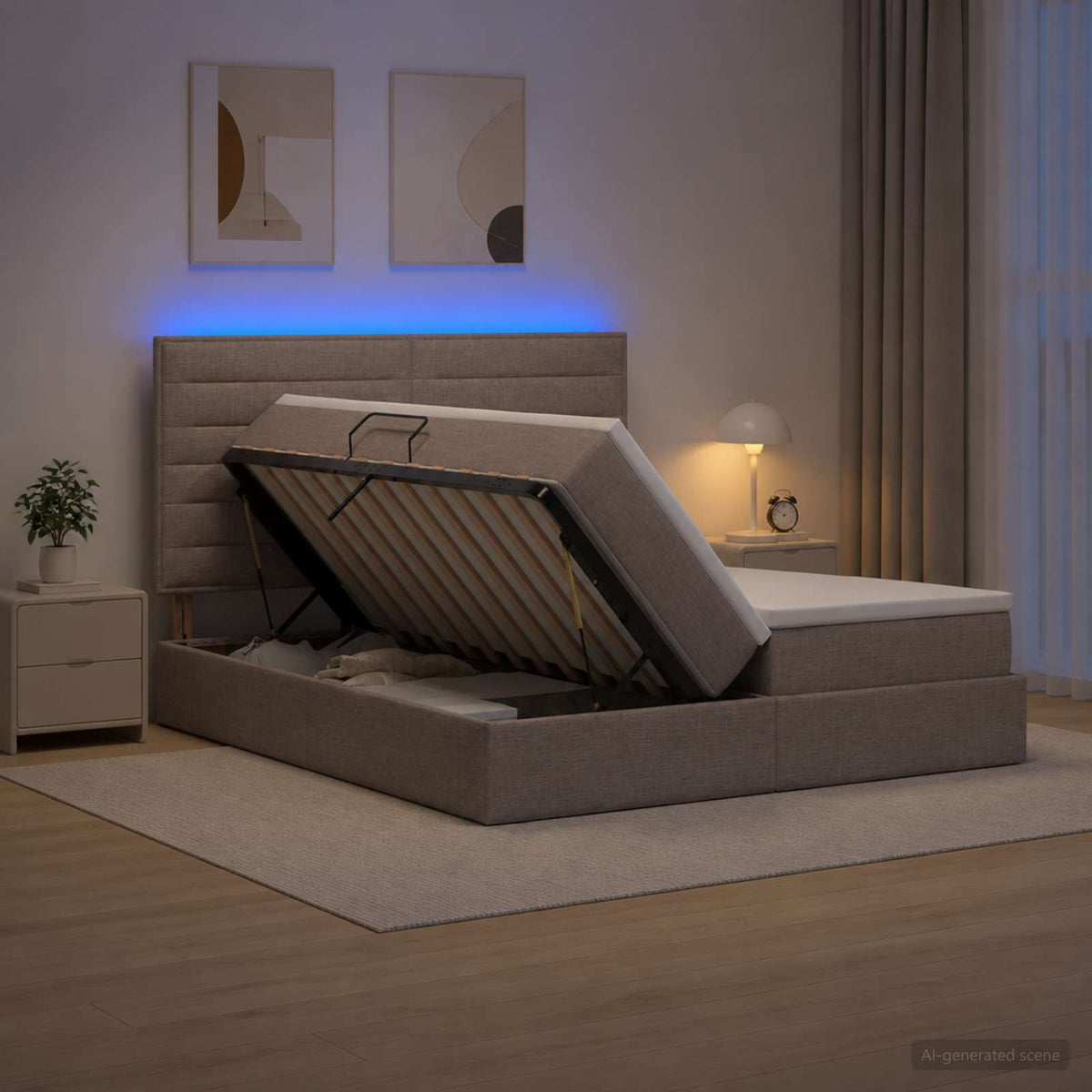 LED Κρεβάτι αποθήκευσης με στρώμα Taupe 180 x 200 cm Ύφασμα