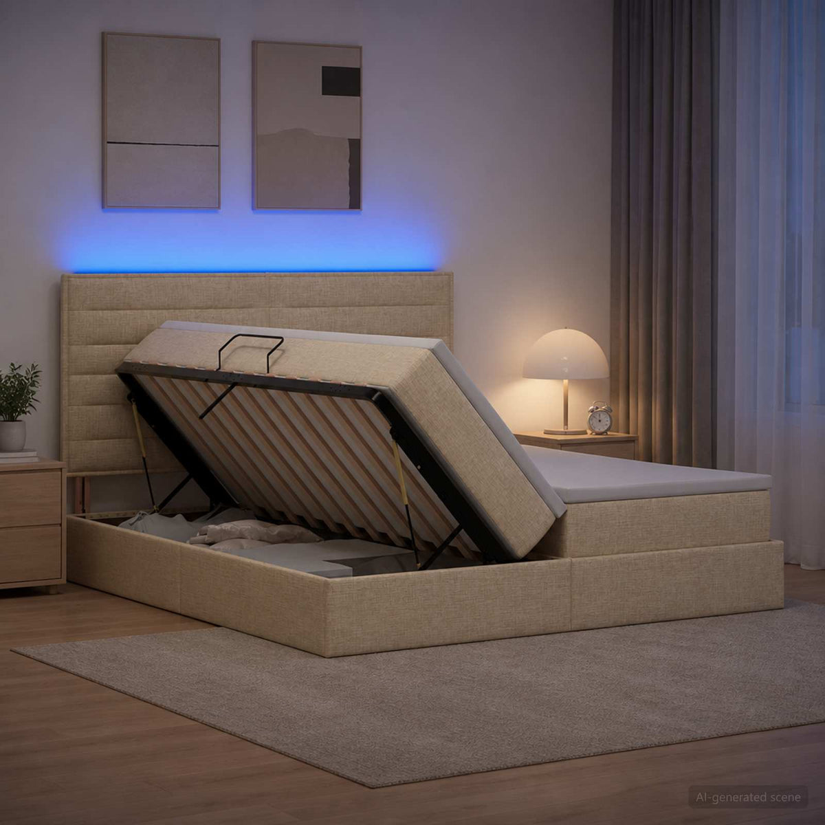 LED Κρεβάτι αποθήκευσης με στρώμα Κρεμ 180 x 200 cm Ύφασμα