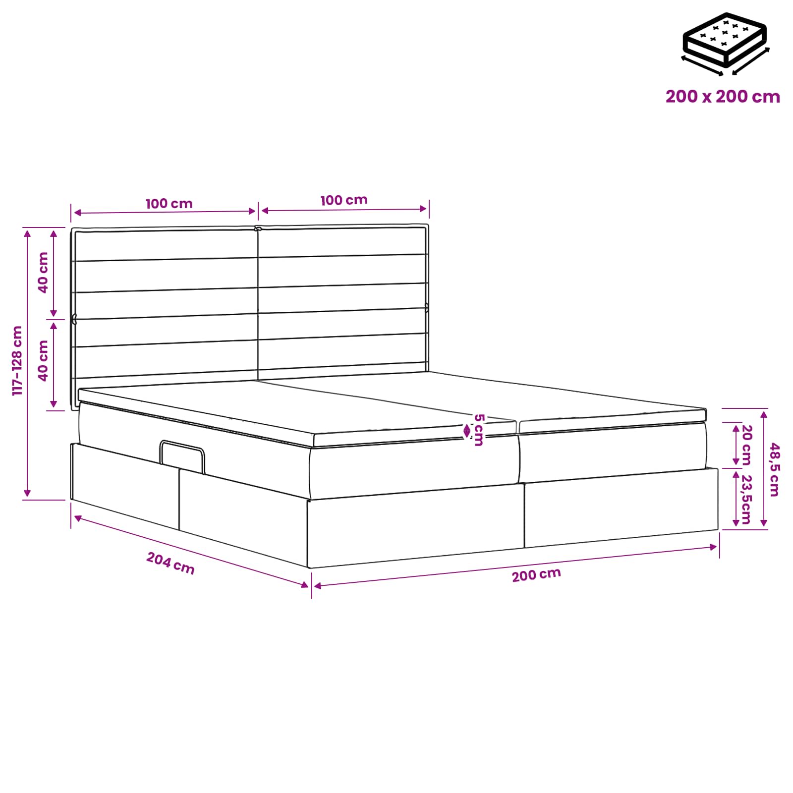 LED Κρεβάτι αποθήκευσης με στρώμα Μαύρο 200 x 200 cm Ύφασμα