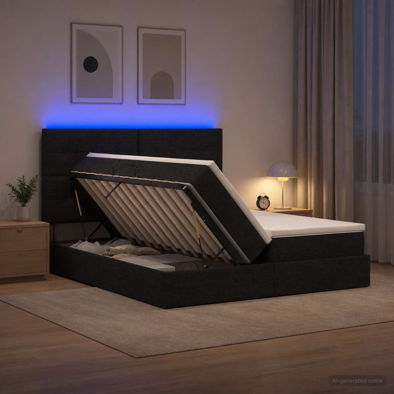 LED Κρεβάτι αποθήκευσης με στρώμα Μαύρο 200 x 200 cm Ύφασμα - Pakobazaar