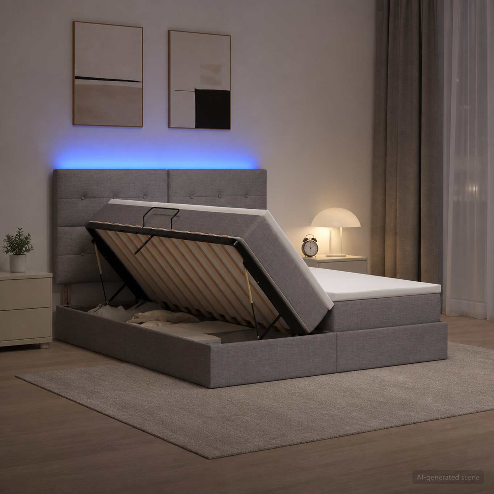 LED Κρεβάτι αποθήκευσης με στρώμα Taupe 200 x 200 cm Ύφασμα - Pakobazaar