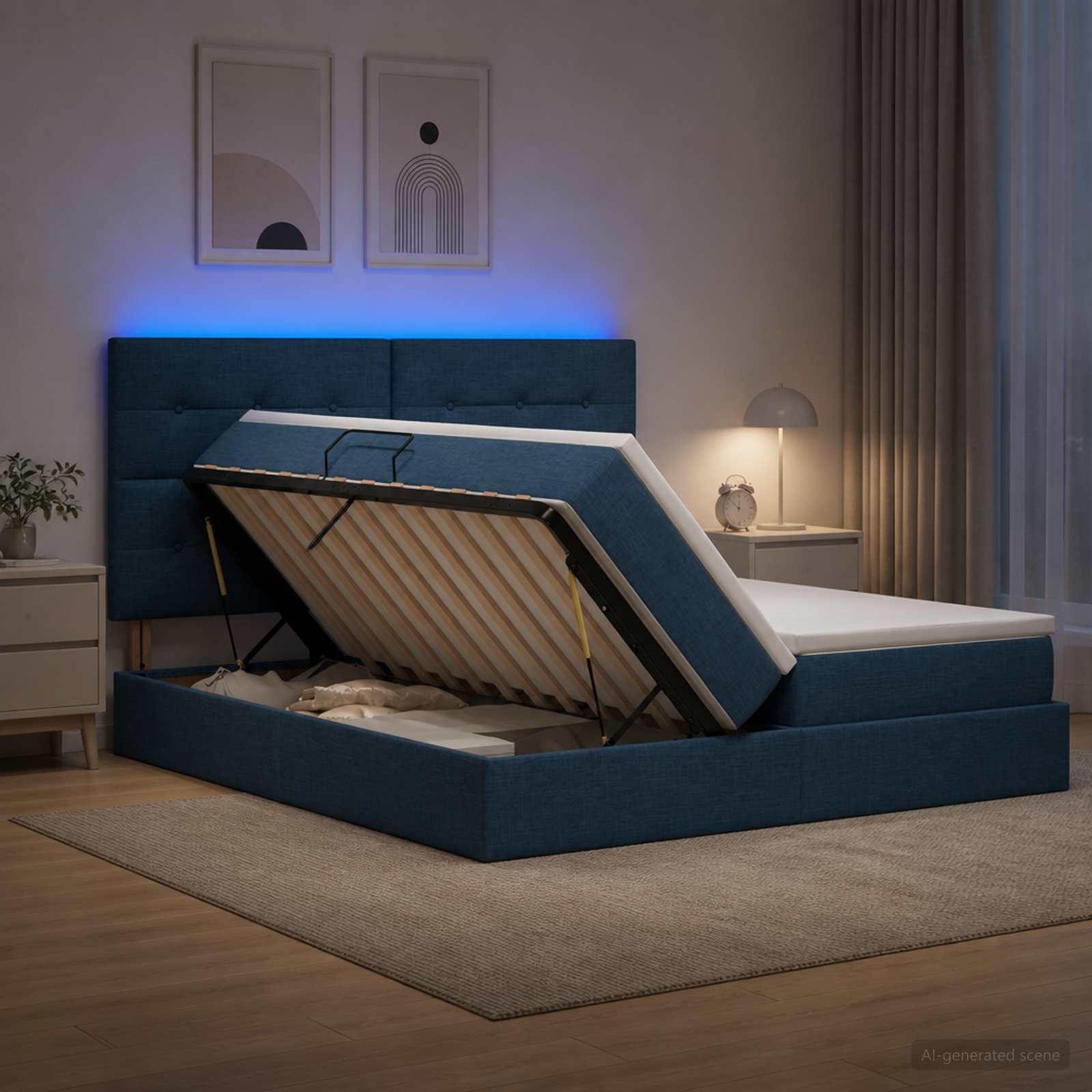 LED Κρεβάτι αποθήκευσης με στρώμα Μπλε 180 x 200 cm Ύφασμα