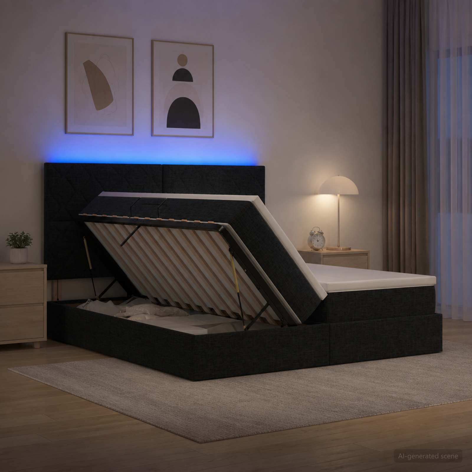 LED Κρεβάτι αποθήκευσης με στρώμα Μαύρο 180 x 200 cm Ύφασμα - Pakobazaar