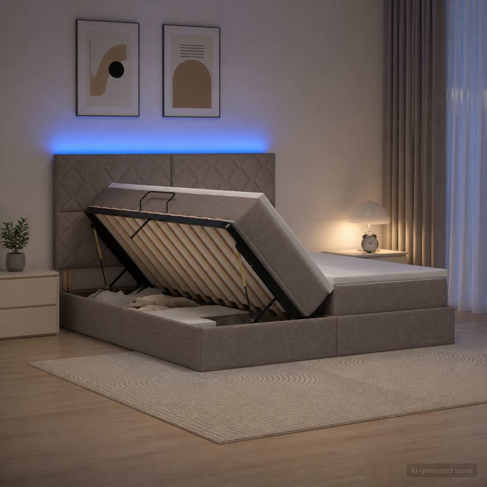 LED Κρεβάτι αποθήκευσης με στρώμα Taupe 200 x 200 cm Ύφασμα
