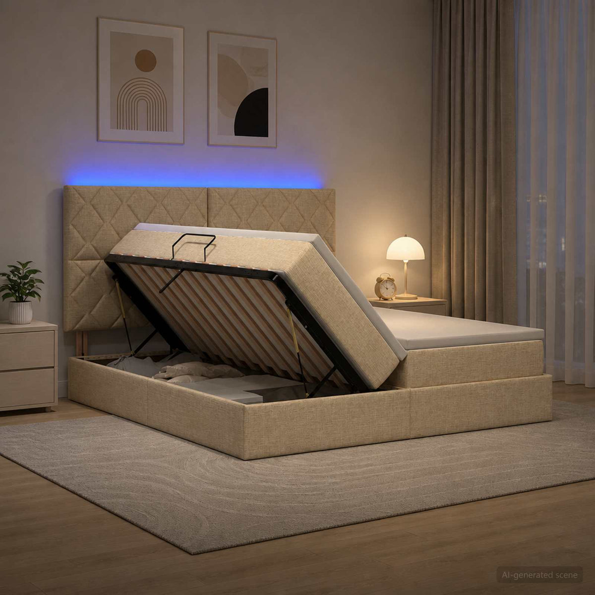 LED Κρεβάτι αποθήκευσης με στρώμα Κρεμ 200 x 200 cm Ύφασμα - Pakobazaar