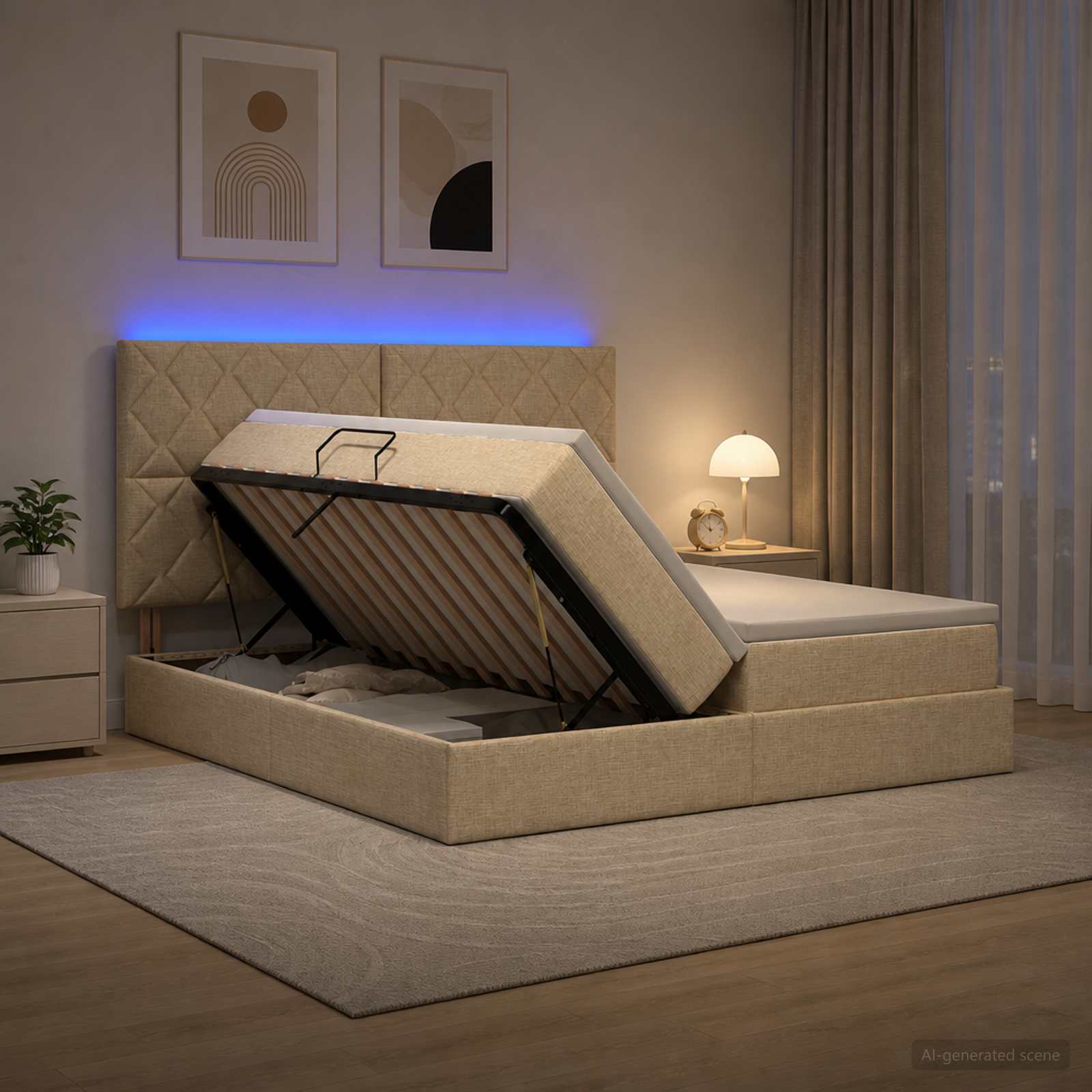 LED Κρεβάτι αποθήκευσης με στρώμα Κρεμ 180 x 200 cm Ύφασμα