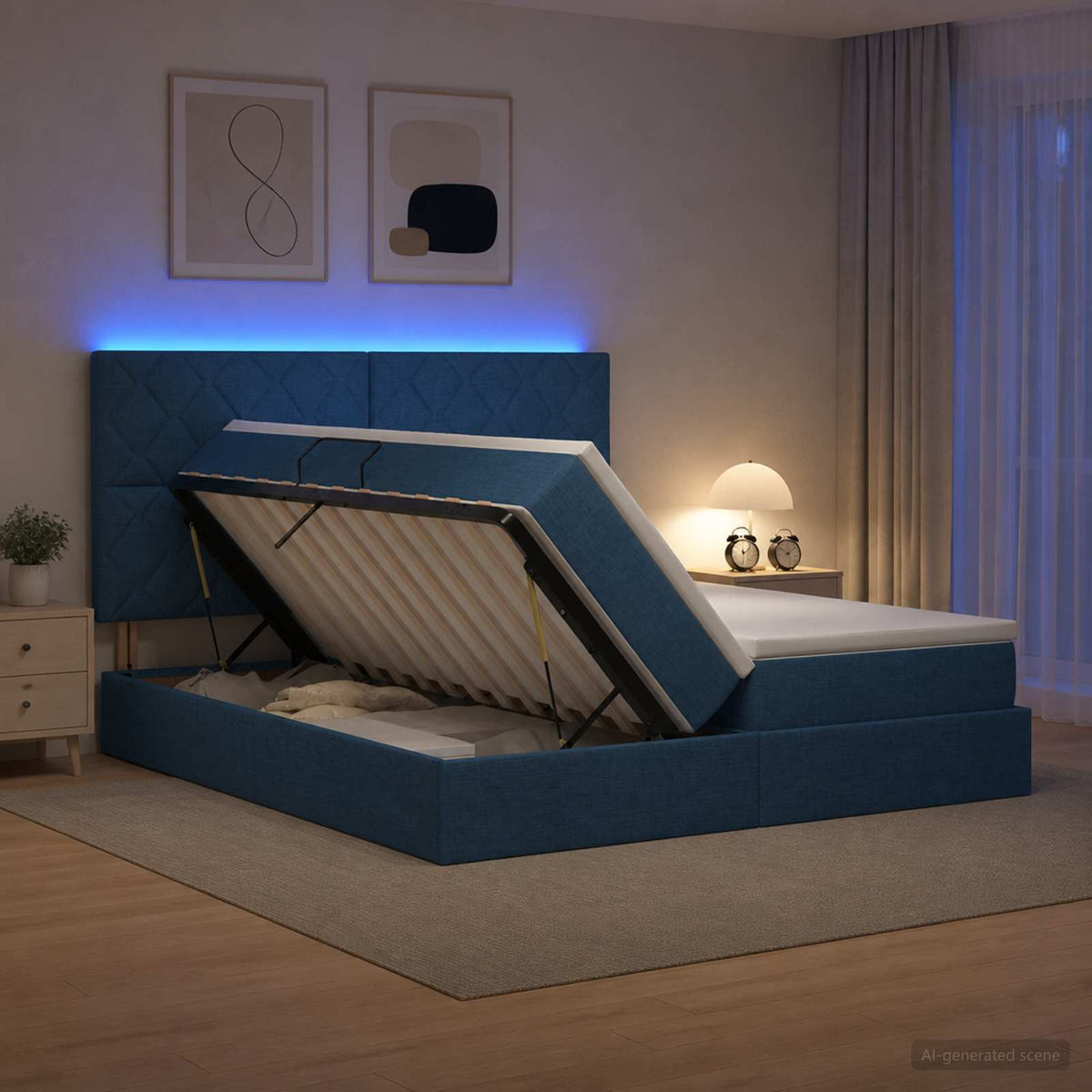 LED Κρεβάτι αποθήκευσης με στρώμα Μπλε 180 x 200 cm Ύφασμα - Pakobazaar