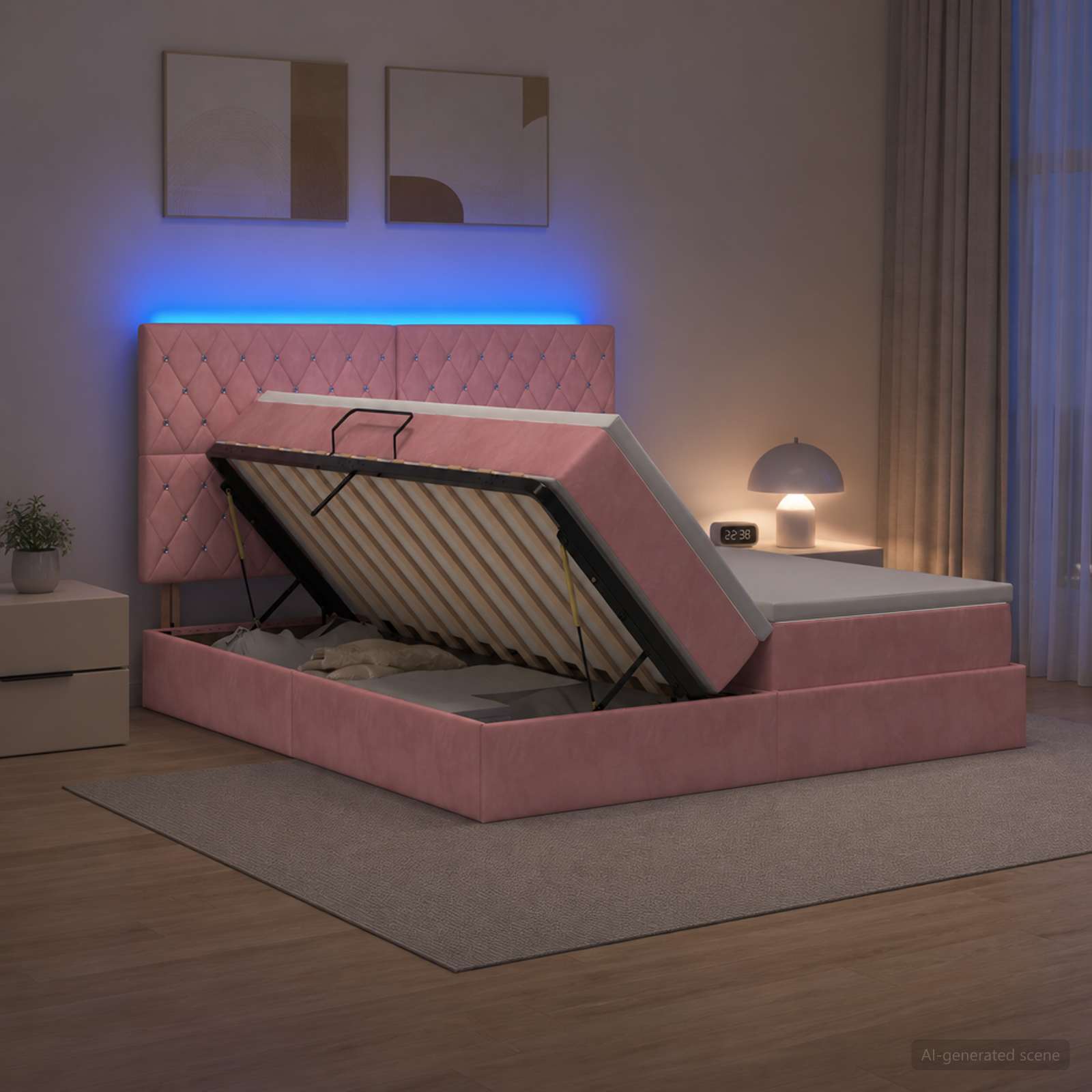 LED Κρεβάτι αποθήκευσης με στρώμα Ροζ 180 x 200 cm Βελούδο - Pakobazaar
