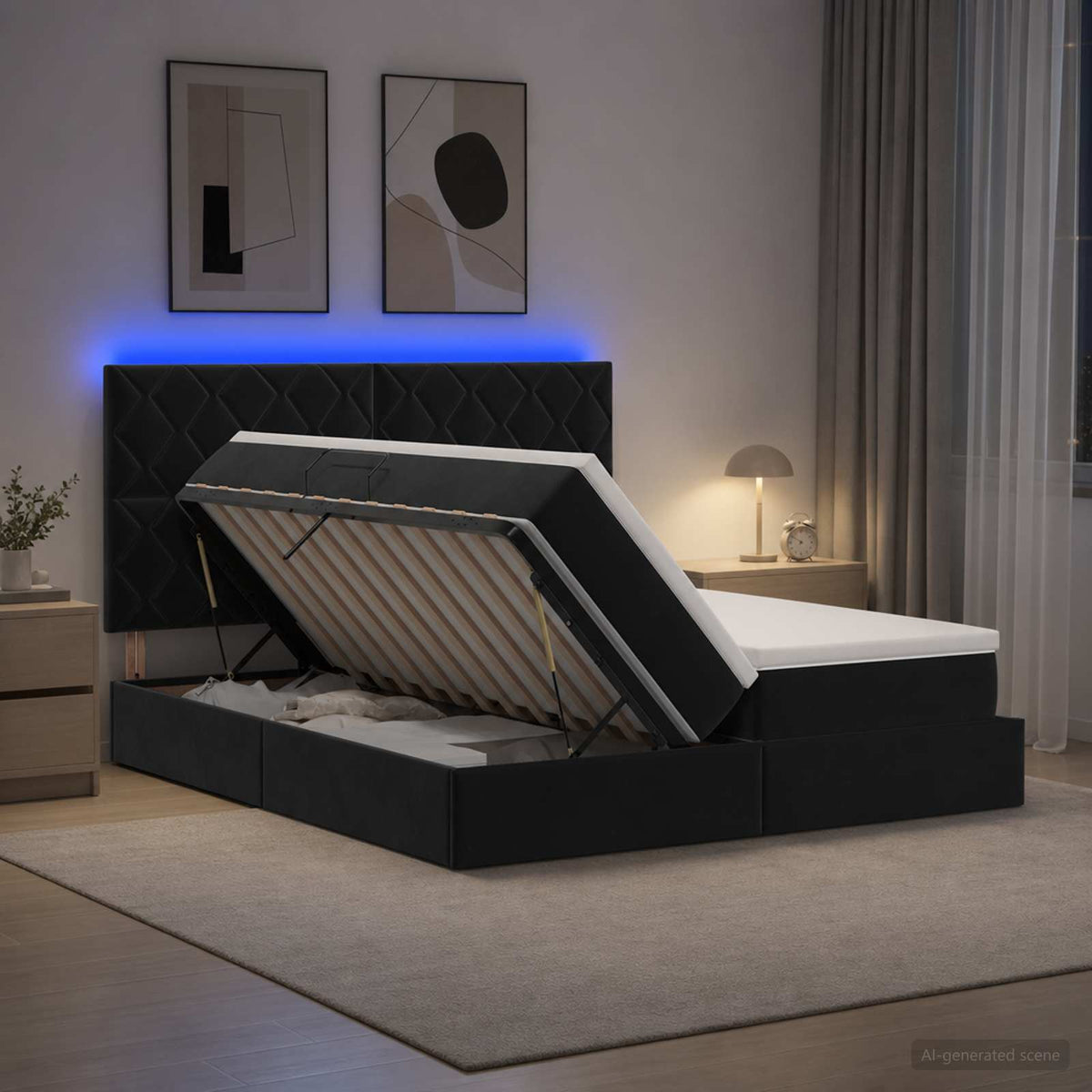 LED Κρεβάτι αποθήκευσης με στρώμα Μαύρο 200 x 200 cm Βελούδο - Pakobazaar