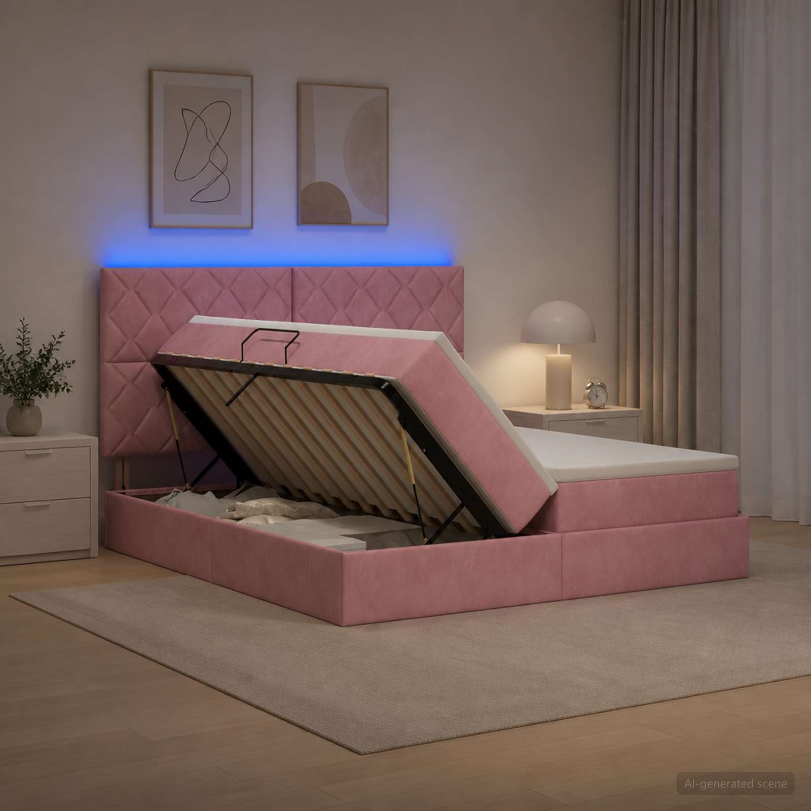 LED Κρεβάτι αποθήκευσης με στρώμα Ροζ 200 x 200 cm Βελούδο